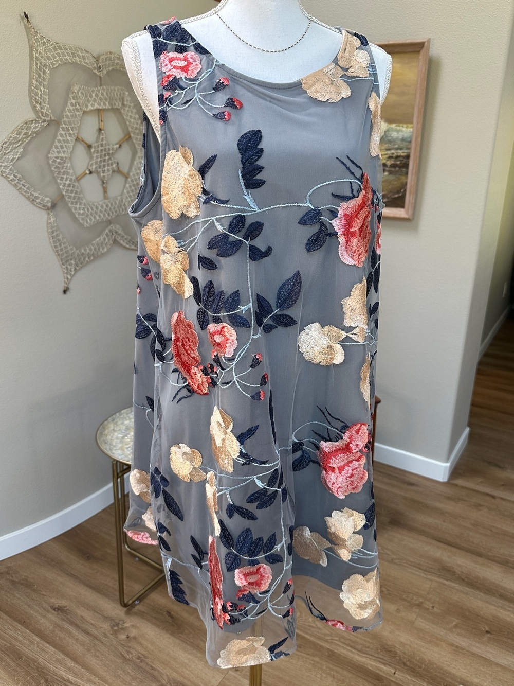 ECI Gray Sleeveless A line Midi Dress with Coral & Cream Floral Embroidery
